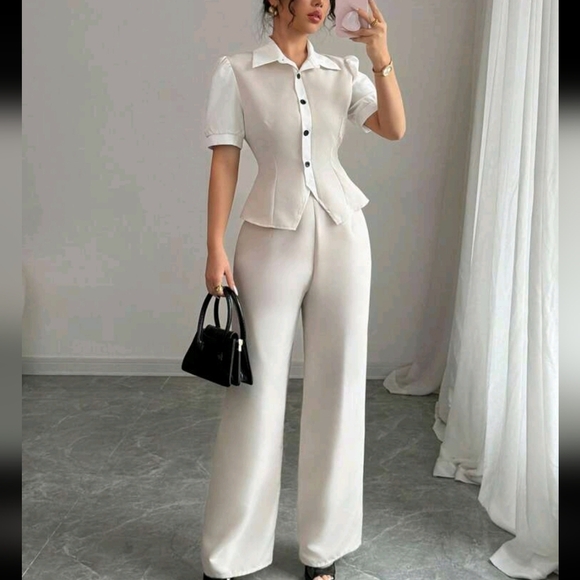 Women's 2 Piece Set Casual Splice Contrast Button Decor Short Sleeve - Picture 4 of 4